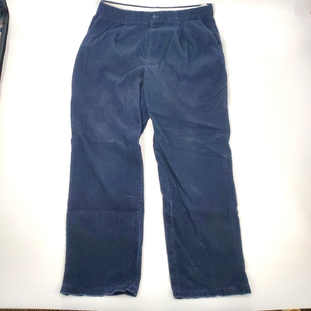 Structure Pants Men's 36x32 Relaxed Fit Pleated Navy Blue Cotton Corduroy Casual